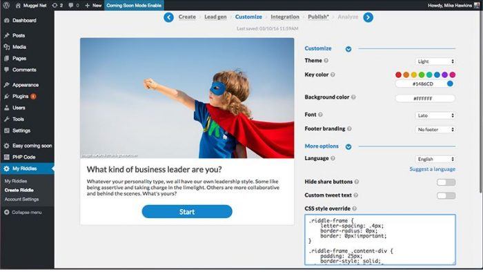 Riddle | One More Cup of Coffee The "My Riddle" visual editor inside the WordPress dashboard where an admin gets to customize the quiz and its styling, all done through the plugin's interface.