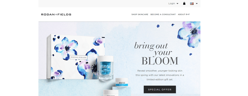 Rodan + Fields website screenshot showing a box from the company and several products. 