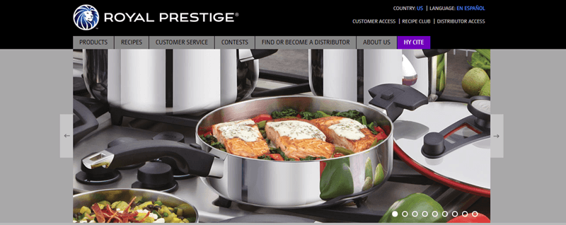 Royal Prestige website screenshot featuring various pots on a stove, some filled with food. 