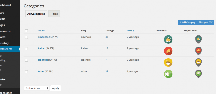 Sabai Directory | One More Cup of Coffee The plugin's dashboard open on the "Categories" tab. The page shows a list of 4 restaurant categories, and next to each one appear two icons, a thumbnail and a map marker.