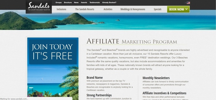 screenshot of the affiliate sign up page for Sandals & Beaches Resorts