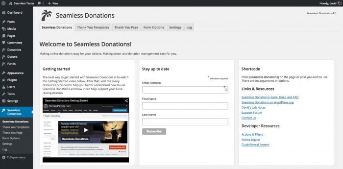 Seamless Donations | One More Cup of Coffee The Seamless Donations tab inside the WordPress dashboard. This is the admin welcome page, where they can view a tutorial on how to get started with the plugin and add their information. On the right are the plugin's shortcodes, as well a number of links and resources for learning and others for developers.