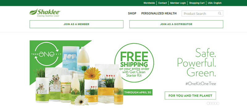 Shaklee website screenshot showing a white background with a collection of various products from the company. 