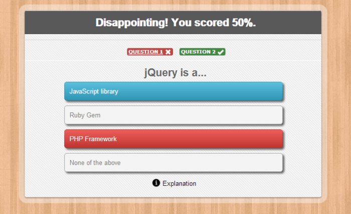 Sliding Quiz | One More Cup of Coffee The result of an MCQ quiz showing the percentage score at the top, and then a row that shows the questions, each marked as correct or false based on the user's answers.