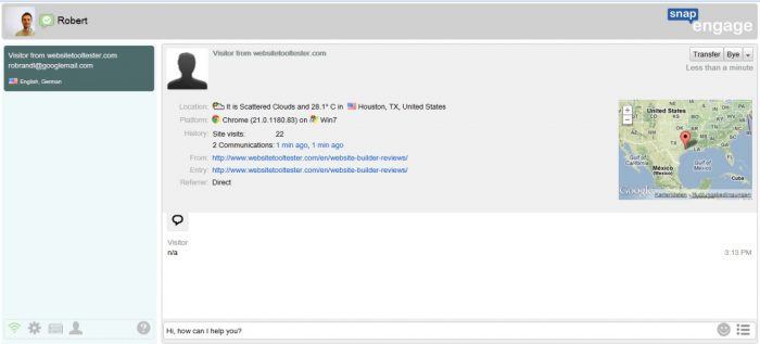 SnapEngage | One More Cup of Coffee A full-screen chat between a user and one of the customer support agents. At the top is the agent's name and photo, and inside the chat box appear the user's information. It shows their location,platform, and history.