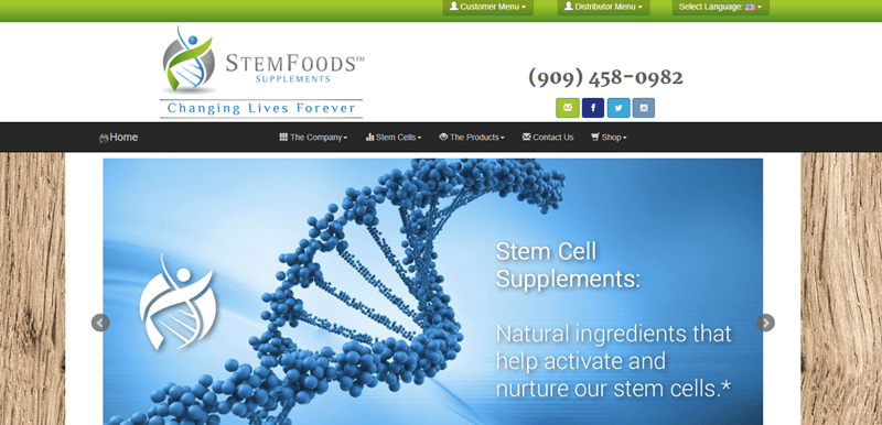 StemFoods website screenshot showing a macro DNA molecule along with details about the supplements. 