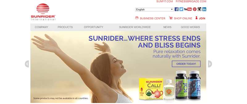 Sunrider website screenshot showing a young woman in the sun with four products from the company. 