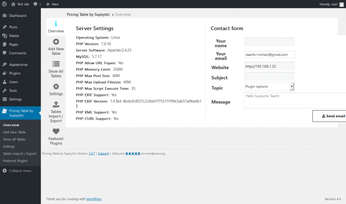 The plugin's dashboard showing its server settings in the overview tab. Below that tab are various tabs through which you get to create pricing tables, show the existing ones, and import/export tables among other things.