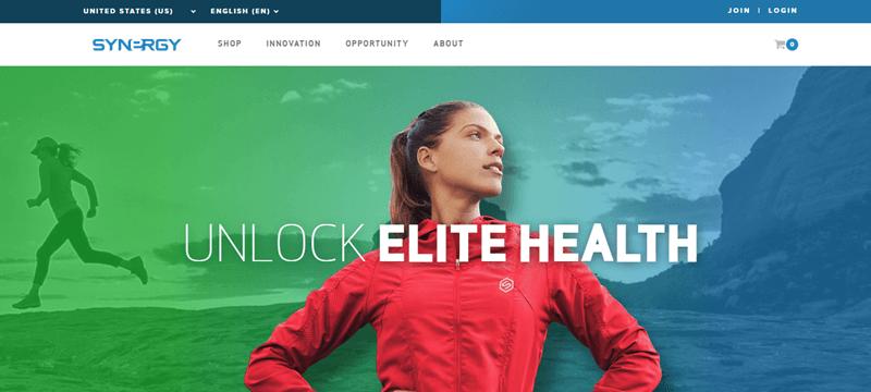 Synergy Worldwide website screenshot showing a young woman in athletic gear looking confident over background images suggesting activity. 