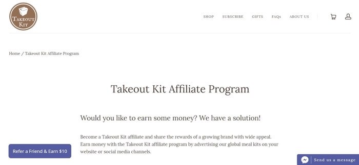 screenshot of the affiliate sign up page for