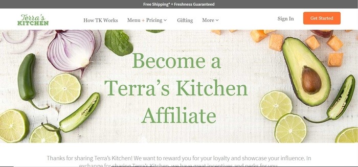 screenshot of the affiliate sign up page for Terra's Kitchen
