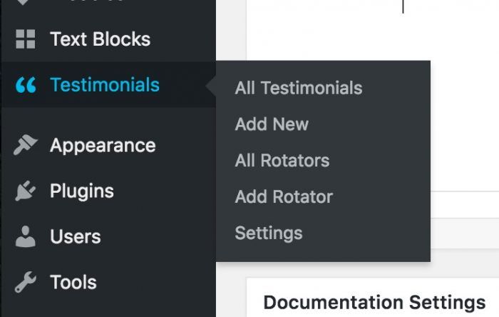 A closeup on the "Testimonials" tab inside the WordPress dashboard. It allows you to either view your existing testimonials on the backend, add a new one, view or add rotators, as well as manage the settings.