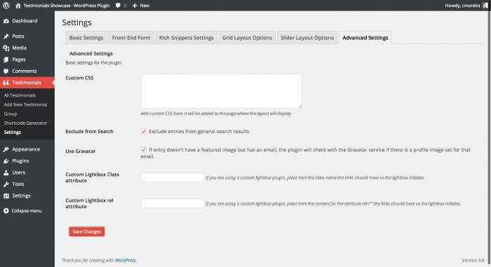 The "Advanced Settings" page where you can customize your testimonials section. Among the fields available on this page is one for the CSS.