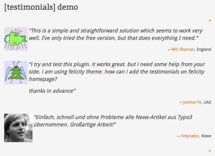 A plain grey widget showing a list of testimonials. Each testimonial shows a profile photo, the user's name/username, and their location.