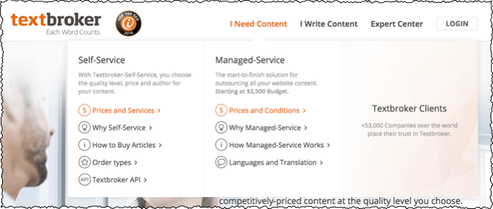 menu options for text broker. write or buy content, self serve or managed content