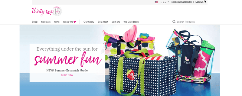 Thirty-One website screenshot showing three bags from the company, each filled with various items for the summer. 