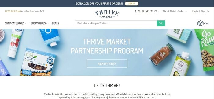 screenshot of the affiliate sign up page for Thrive Market