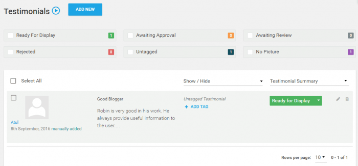 The testimonials library as it appears in the dashboard. At the top are the different statuses (ready for display, awaiting approval, etc.) and next to each status is the number of testimonials in the list that fall under it. Underneath that is the list itself, and next to teach testimonial there is a "Show/Hide" button, tag button, and a status column.