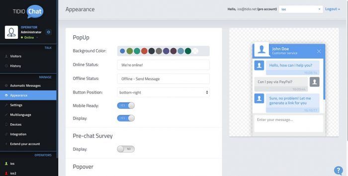 Tidio Live Chat | One More Cup of Coffee The plugin's "Appearance" tab where you get to customize the chat window's colors, display settings, and mobile settings among other things.