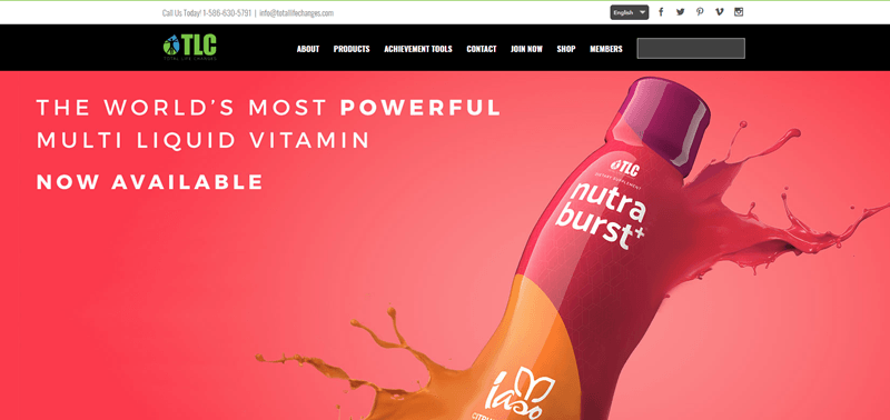 Total Life Changes website screenshot showing a peach background with an image of the company’s Nutra burst+ bottle. 