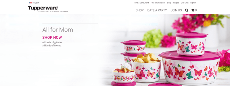 Tupperware website screenshot showing a range of pink lidded Tupperware pieces with butterflies. 