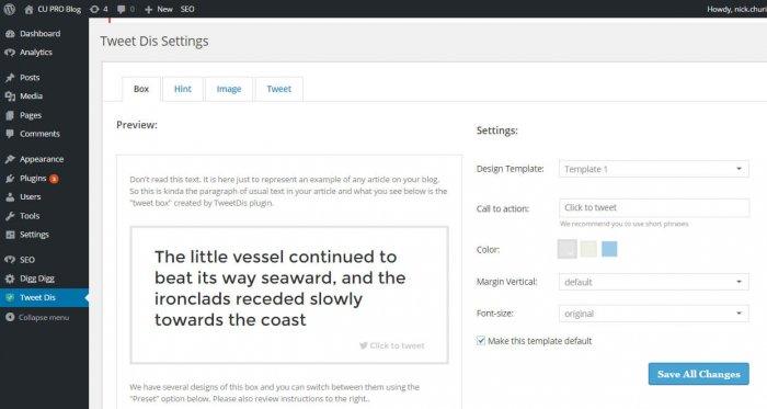 TweetDis | One More Cup of Coffee The Tweet Dis Settings tab inside the WordPress dashboard where you can manage the settings for the Twitter box while previewing the changes in real-time.