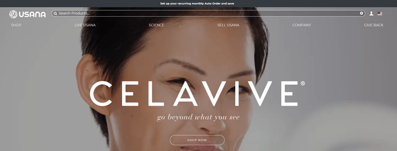 USANA website screenshot showing a young Asian woman looking at the camera with the word Celavive in white across her face. 