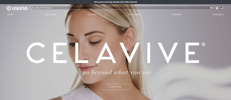 USANA website screenshot showing an image of a blonde woman looking away from the camera. 