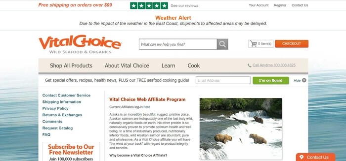 screenshot of the affiliate sign up page for Vital Choice