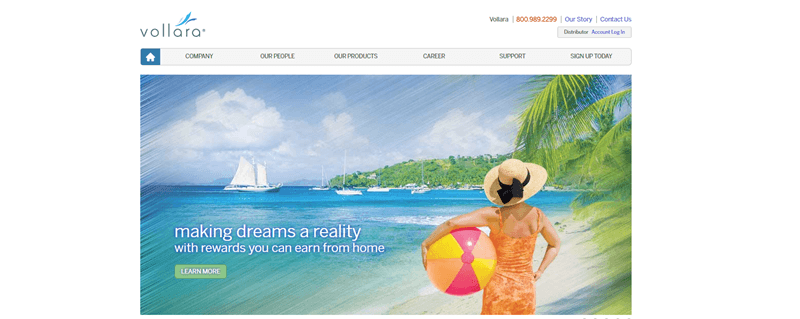 Vollara website screenshot showing a stylized image of a woman on a beach. 