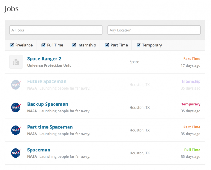 WP Job Manager | One More Cup of Coffee The job search engine as it appears on the frontend. There are fields for the keywords and the location, then a checkboxes for the job type (freelance, full-time, etc.), and finally the search results.