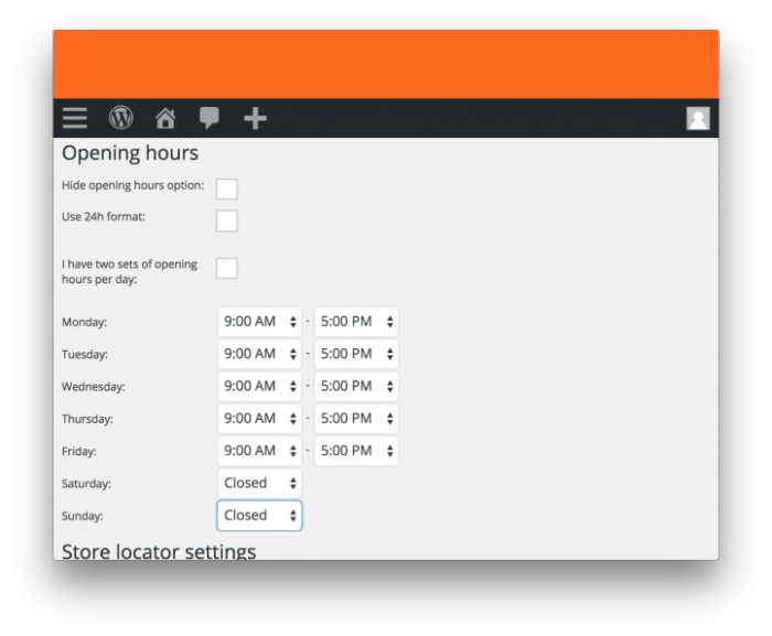 WP Local | One More Cup of Coffee The "Opening Hours" tab inside the plugin's WordPress dashboard. There are fields to be filled for the working hours during each day of the week, an option for hiding opening hours, and a checkbox for the 24h format.