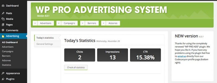 The WP Pro Advertising System dashboard showing the day's statistics in terms of total clicks, impressions, and CTR.