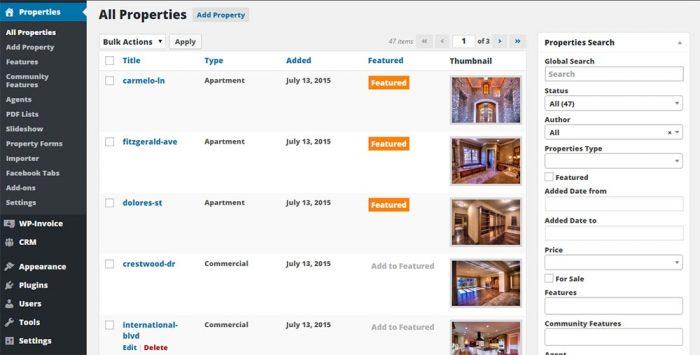 WP-Property | One More Cup of Coffee A list of all the property listings as they appear inside the WordPress dashboard. For each property there is a title, type (apartment, commercial, etc.), the listing date, whether they are featured or not, and finally, a thumbnail of the property's image.