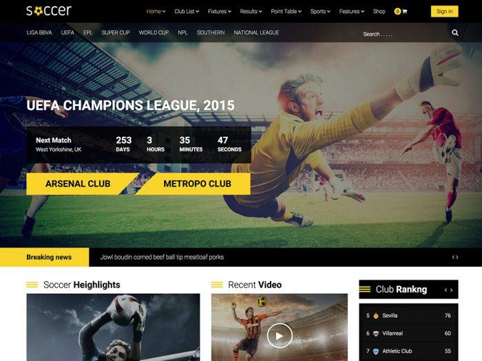 WP Soccer | One More Cup of Coffee The WP Soccer theme's homepage showing the upcoming games with a background image of a goalkeeper reaching out for the ball. At the top, there is a navigation menu, and the bottom end of the background is a breaking news reel. At the bottom of the page there are thumbnails for each section of the website.