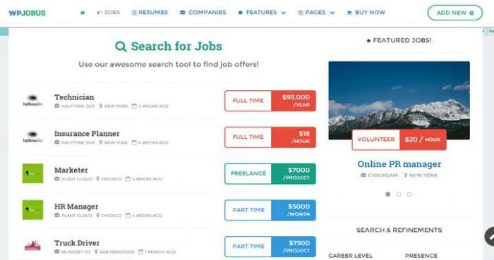 WPJobus | One More Cup of Coffee Search results appearing with a company thumbnail next to each result, as well as the job type and wage/salary. On the right there is a "Featured Jobs" widget.