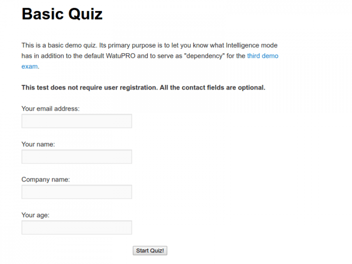 Watu Quiz | One More Cup of Coffee An optional user registration form including fields for the user's e-mail address, name, company name, and age. By filling the form and submitting it, the user is then redirected to the quiz.
