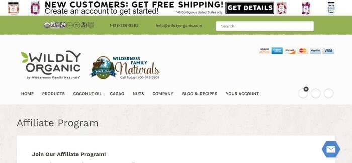 screenshot of the affiliate sign up page for Wilderness Family Naturals