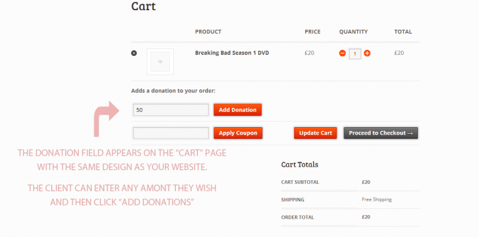 WooCommerce Donations | One More Cup of Coffee The end-user's shopping cart with an extra field for donations to be paid with the order.