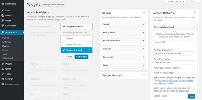 The plugin's available widgets tab inside the WP dashboard. Inside that tab are options for ad types, locations, etc.