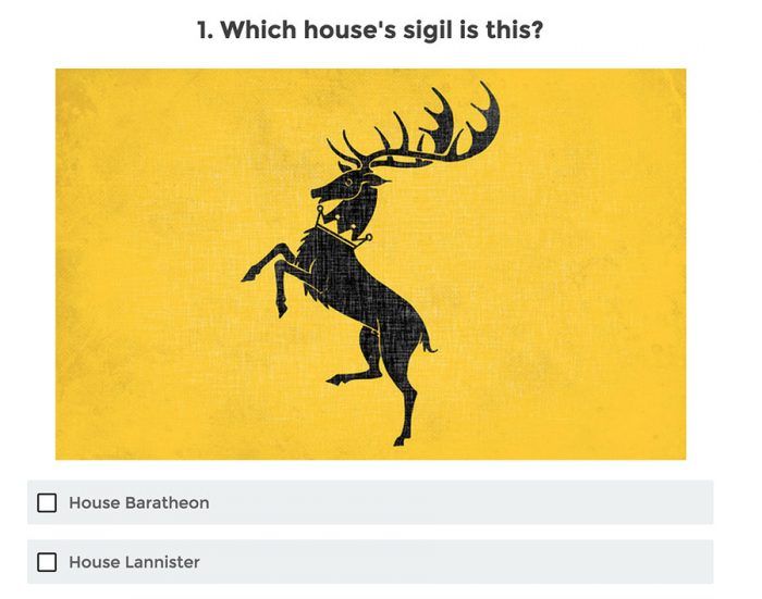 WordPress Viral Quiz | One More Cup of Coffee A Game of Thrones quiz showing a symbol and asking which house it belongs to out of two available options.