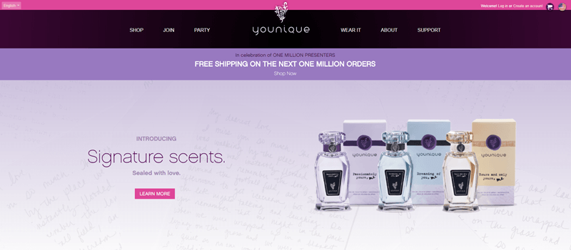 Younique website screenshot showing a light purple background with three signature scents. 