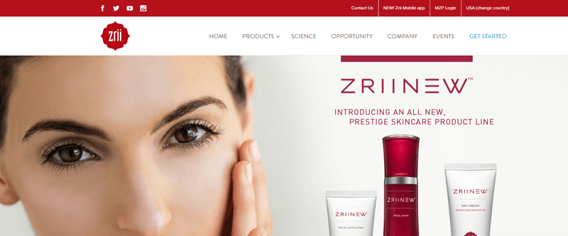 Zrii website screenshot showing the face of a brown-haired and brown-eyed woman, along with the ZriiNew skincare range. 