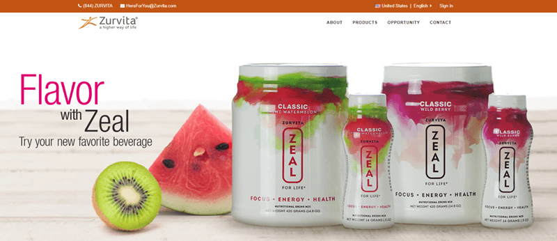 Zurvita website screenshot showing two drink mix powders from Zurvita, along with two ready-made drinks. 