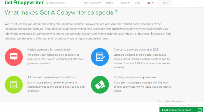 The is a screenshot from the web site GetACopywriter.com that details some of the advantages to using this site.