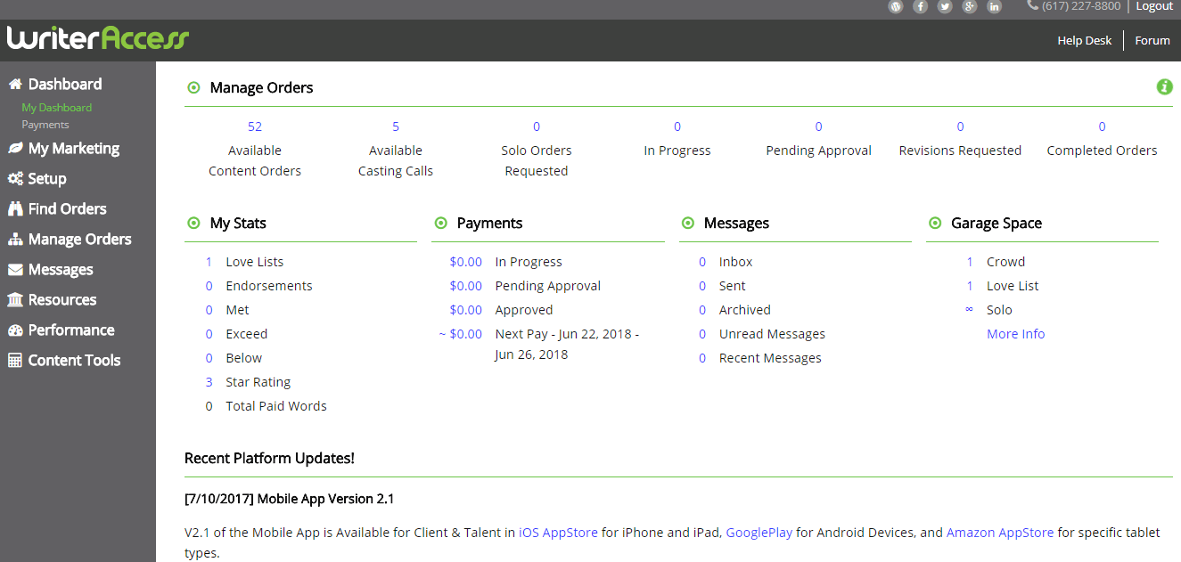 This is a screenshot of the dashboard for accepted freelance writers at WriterAccess. The company, which offers work to freelance writers, is one of the most robust such tools available.