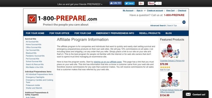 screenshot of the affiliate sign up page for 1800Prepare.com