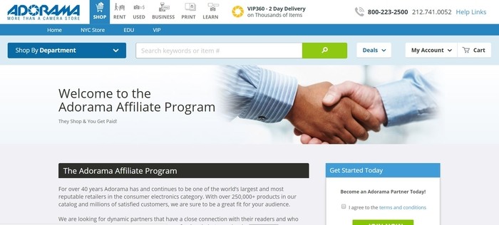 screenshot of the affiliate sign up page for Adorama