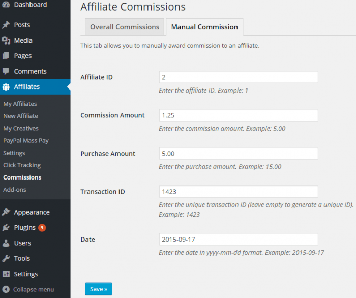 Affiliates Manager | One More Cup of Coffee The manual commission tab with fields for the affiliate ID, commission amount, purchase amount, transaction ID, and date.