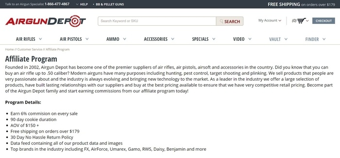 screenshot of the affiliate sign up page for Airgun Depot